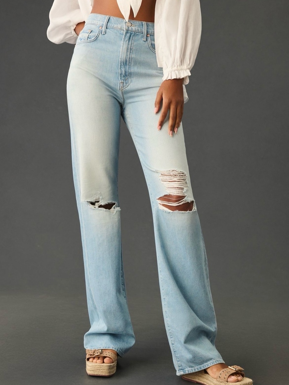 MOTHER The Maven Heel Ripped Off Jeans 32 Light Wash Wide Leg